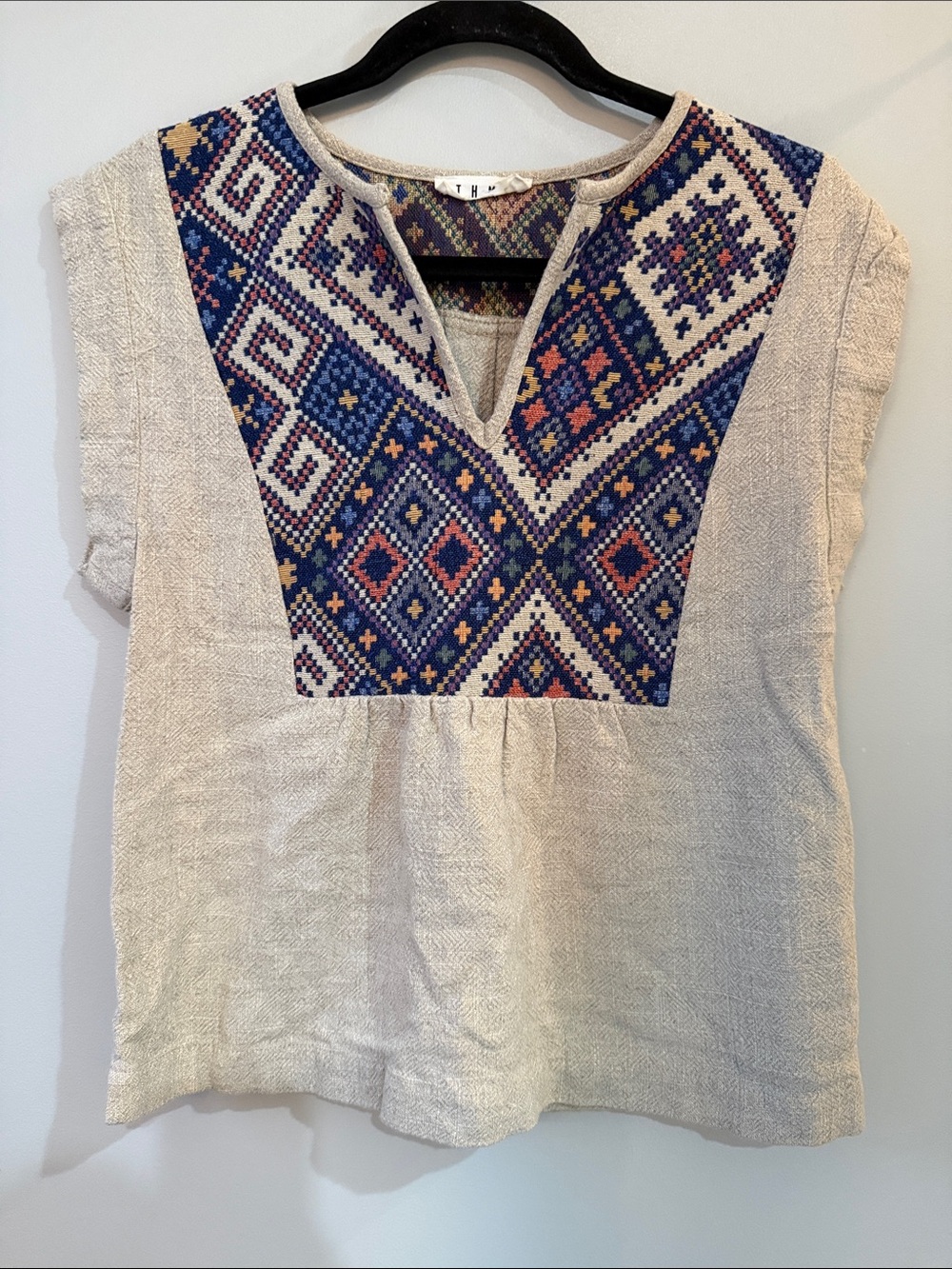 THML Beige Tunic with Navy, Purple and Coral Tapestry like Yoke linen cotton S